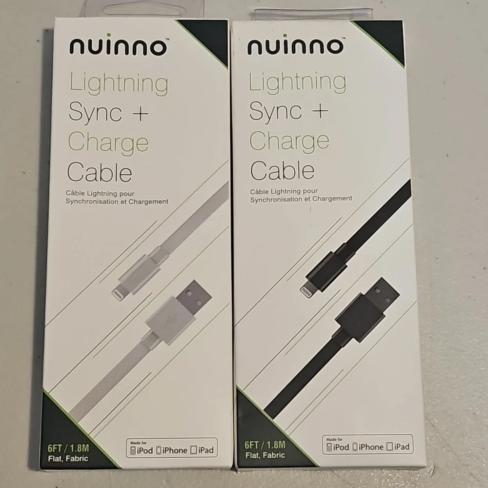 2 Pack Nuinno Lightning Charge and Synch 6ft cable iPod iPhone iPad Black/White